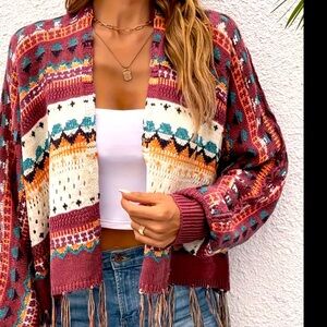 Ethnic Graphic Pattern Tassel Cardigan, Vintage Open Front Cardigan.